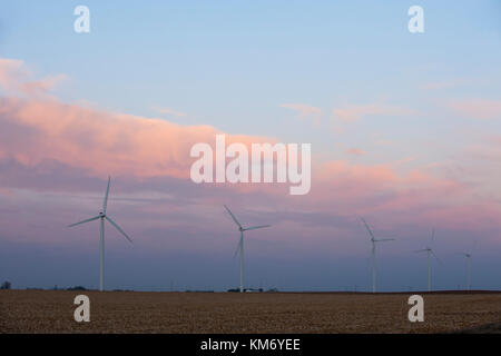 Le turbine eoliche contro il cielo di sera su una fattoria a gestione familiare vicino al Grand prato, MINNESOTA Foto Stock
