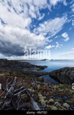 Moody paesaggio. Gravi northen estate al Lago Ladoga skerries. Il Rocky lakeside è coperto dal bianco di lichen, brunastro moss e il verde e il rame Foto Stock