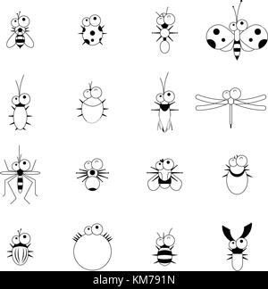 Vettore di linea piatta funny cartoon bug set di insetto Illustrazione Vettoriale