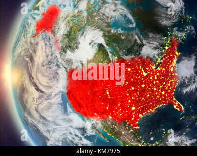 USA visti dallo spazio sul pianeta Terra durante il tramonto. Illustrazione 3D. Elementi di questa immagine forniti dalla NASA. Foto Stock