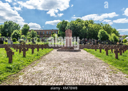 Tombe di soldati polacchi uccisi durante la guerra polacco-sovietica su un cimitero nella città di Chortkiv a Ternopil Oblast, nell'Ucraina occidentale Foto Stock