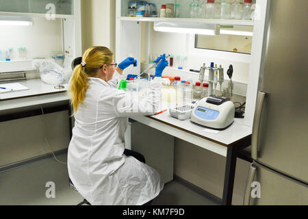 Assistente di laboratorio durante il lavoro. condurre esperimenti scientifici in laboratorio. Foto Stock