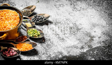 Varietà di Fagioli con riso selvatico in una ciotola e cucchiaio su sfondo rustico. Foto Stock