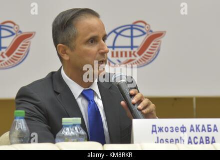 La Nasa stazione spaziale internazionale (ISS) expedition 53 il primo membro di equipaggio astronauta americano Joe acaba parla durante una soyuz ms-06 navicella spaziale di pre-lancio conferenza stampa presso il gagarin cosmonaut training center 1 settembre 2017 nella città delle stelle, Russia. (Foto di elizabeth weissinger via planetpix) Foto Stock