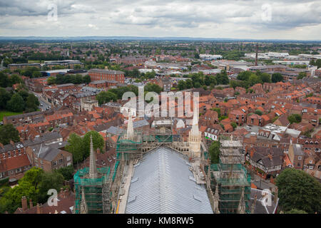 Vista dal tetto York Minster cathedral, York, Gran Bretagna Foto Stock