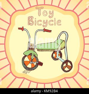 Cartoon toy bicicletta mano colorati bozzetto. illustrazione vettoriale. Illustrazione Vettoriale