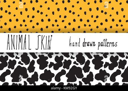 Pelle di animale disegnato a mano la texture, vettore seamless pattern impostato, disegno leapard punti e pelle di mucca texture. Illustrazione Vettoriale