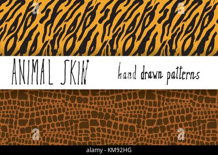 Pelle di animale disegnato a mano la texture, vettore seamless pattern impostato, disegno clocodile e tiger texture della pelle. Illustrazione Vettoriale