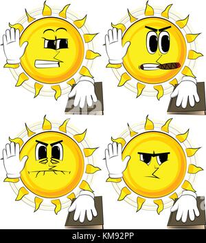 Cartoon sun alzando la mano e mettere le altre su un libro sacro. prendendo giuramento o giuramento. raccolta con facce arrabbiato. vettore di espressioni set. Illustrazione Vettoriale