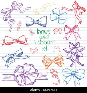 Disegnata a mano nastri e fiocchi imposta illustrazione vettoriale. una collezione di nastri di grafica e archi, gli elementi di design set. Illustrazione Vettoriale