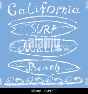 T-shirt design stampa, Tipografia Grafica estate illustrazione vettoriale badge applique etichetta california malibu beach surf segno. Illustrazione Vettoriale