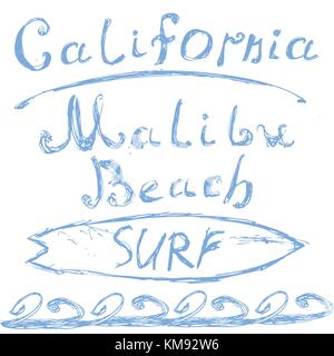 T-shirt design stampa, Tipografia Grafica estate illustrazione vettoriale badge applique etichetta california malibu beach surf segno. Illustrazione Vettoriale