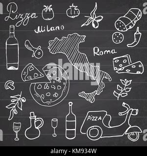 Italia doodle elementi disegnati a mano impostato con pizza scooter, vino, formaggio e mappa. disegno doodle raccolta, sulla lavagna sfondo. Illustrazione Vettoriale