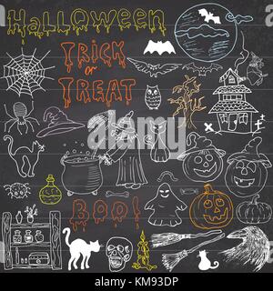 Schizzo di halloween elementi di design con punpkin, strega, Gatto nero, ghost, cranio, pipistrelli, ragni con web. scarabocchi impostato con scritte, disegnati a mano vecto Illustrazione Vettoriale