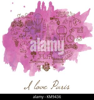 Parigi doodle elementi disegnati a mano impostare torre withefel allevati cafe fiori e bicicletta. disegno doodle raccolta, sulla macchia ad acquerello. Illustrazione Vettoriale