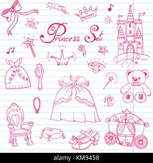 Disegnata a mano illustrazione vettoriale set di princess segno, castello, trono e carrello, bacchetta magica, specchio, giocattolo imbottito, corona e gioielli, graziosi oggetti doodl Illustrazione Vettoriale