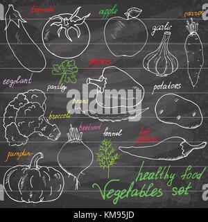 Set vegetebles sketchy notebook serie Doodle con scritte, disegnati a mano illustrazione vettoriale gli elementi di design sul taccuino rigato sulla lavagna backgrou Illustrazione Vettoriale