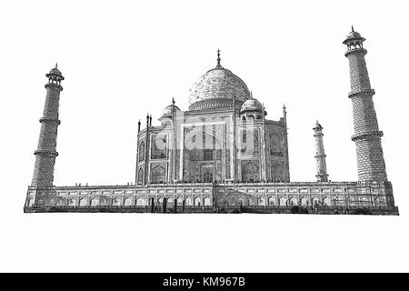 Taj Mahal india in bianco e nero illustrazione schizzi arte isolati su sfondo bianco Foto Stock