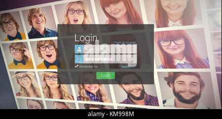 Close-up della pagina di login contro il collage di ritratti Foto Stock