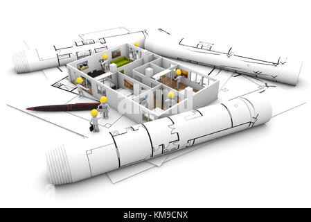Reforma e il concetto di riabilitazione: i lavoratori su una casa su terreni e disegna isolato su bianco Foto Stock