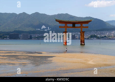 Miyajima - Giappone, 26 maggio 2017: rosso torii gate del santuario di Itsukushima in mare con la bassa marea naer miyajima e con un bambino di fronte alla ricerca fino a che Foto Stock