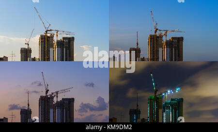 4 momenti della giornata per visione notturna del sito in costruzione nel centro cittadino di Singapore skyline con nuvole drammatico Foto Stock