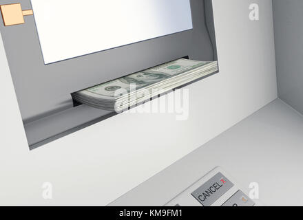 3d'illustrazione. Vista dettagliata del bancomat con denaro, ritirare le banconote di dollari Foto Stock