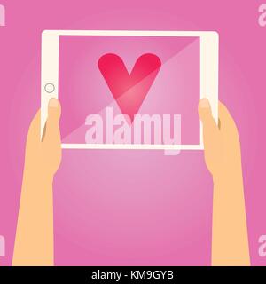 Mani tenendo compressa e mostrano cuore rosso sullo schermo con sfondo rosa.Il giorno di san valentino concetto.Dillo ad amore su tablet illustrazione vettoriale Illustrazione Vettoriale