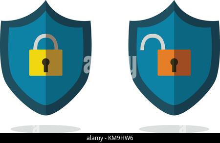 Piatto icone di sicurezza isolati vettore bianco.bloccare e sbloccare icona illustrazione vettoriale.Concetto di sicurezza che le icone. Illustrazione Vettoriale