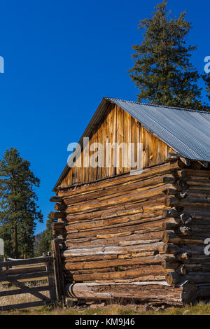 Fienile di registro su una storica ranch a Valles Grande all'interno di Valles Caldera National Preserve, a preservare gestito dal National Park Service, Nuovo Messico, STATI UNITI D'AMERICA Foto Stock