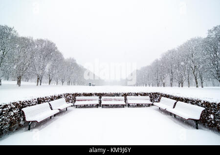 Alcune panchine nel parco Vigeland, Oslo. La caduta di neve al giorno. Coperto. Didascalia simmetrica Foto Stock