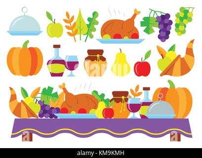 Colorato la Giornata del Ringraziamento card. Cibo per la cena di ringraziamento sulla tabella di festa. Natura, piatti, Turchia, frutta e verdura dono isolato su bianco b Illustrazione Vettoriale