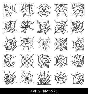 Spider Web sottile linea icon set. Ragnatela solated vettore su bianco simbolo lineare pack. Spiderweb segno di contorno. Corsa modificabile. Semplice pittogramma co grafico Illustrazione Vettoriale