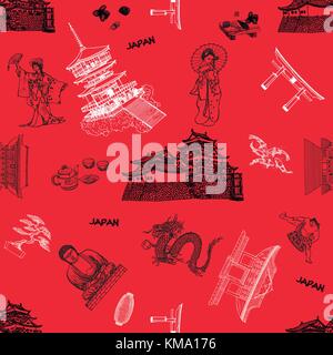 Modello senza giunture di disegno giapponese in stile oggetti a tema. illustrazione vettoriale isolato su sfondo rosso. Illustrazione Vettoriale