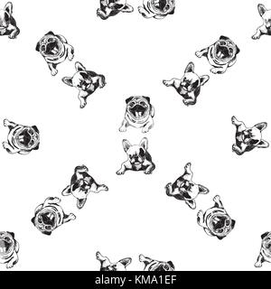 Modello senza giunture di mano il bozzetto style bulldogs e pugs. illustrazione vettoriale isolati su sfondo bianco. Illustrazione Vettoriale