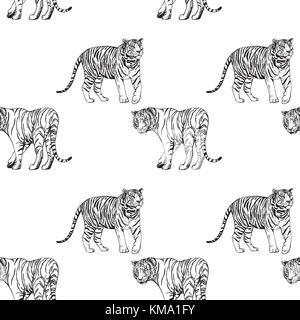 Modello senza giunture di mano il bozzetto style tigri. illustrazione vettoriale isolati su sfondo bianco. Illustrazione Vettoriale