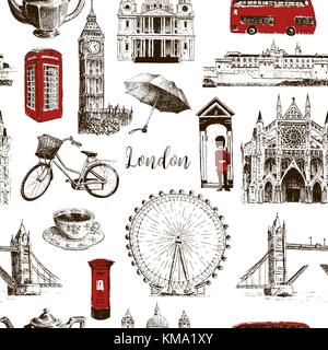 Londra simboli architettonici disegnati a mano vector pattern seamless sketch. Il Big Ben, Tower Bridge, bus rosso, mail box, box di chiamata, guardsman Illustrazione Vettoriale