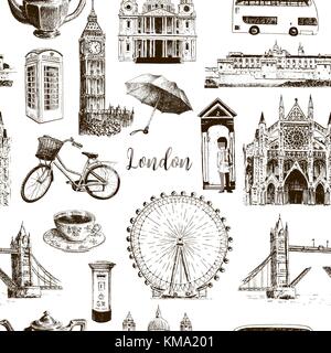 Londra simboli architettonici disegnati a mano vector pattern seamless sketch. Il Big Ben, Tower Bridge, bus rosso, mail box, box di chiamata. San Paolo cattedrale Illustrazione Vettoriale