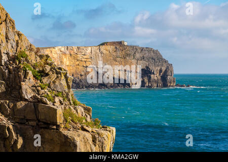 Vista da Saint Govan cappella del verso Saint Govan's Head, vicino Bosherston, Pembrokeshire, Wales, Regno Unito Foto Stock