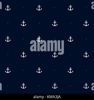 Vettore di Seamless pattern con ancore e puntini in sfondo blu. Motivo nautico. Illustrazione Vettoriale