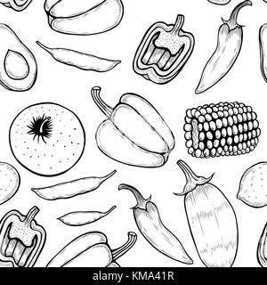 Vettore modello senza cuciture con inchiostro disegnata a mano di verdure, frutti e bacche isolato su bianco per autunno o ristorante di design. vintage backgrou raccolto Illustrazione Vettoriale