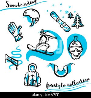 Snowboard freestyle collezione disegnata a mano impostato. Nero e blu line art. Illustrazione Vettoriale