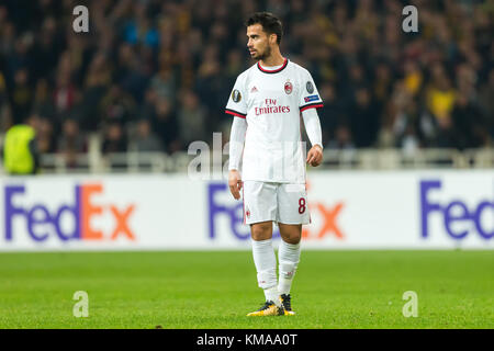 Atene, Grecia - 2 Novembre 2017: il giocatore di Milano Suso (Gesù Joaquin Fernandez Saenz de la Torre) durante la UEFA Europa League tra AEK FC Foto Stock