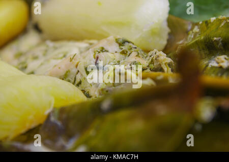 Close up di deliziosi piatti tipici alimenti amazonia, pesce cucinato in una foglia con yucca e piantaggine, servita in un piatto di legno su una tavola di legno Foto Stock