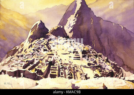 Arte pittura ad acquarello di vista dalla capanna di il custode della rovina città Inca di Machu Picchu - Valle Sacra, Perù Foto Stock