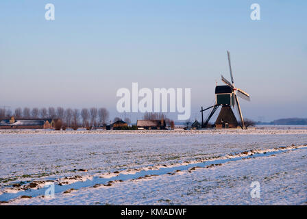 Il mulino a vento wingerdse molen in paesaggi innevati nei pressi del villaggio olandese di bleskensgraaf Foto Stock