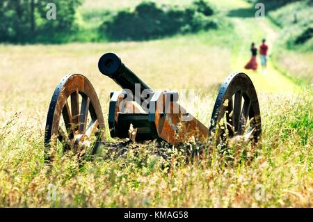 Cannon nel fieno sul campo di battaglia del Boyne sito in Oldbridge, vicino a Drogheda, nella contea di Meath. Giovane camminando mano nella mano dietro. Foto Stock