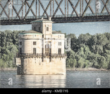 Acqua storica torre di aspirazione numero 2 costruito nel 1915 e la vecchia catena di rocce ponte sul fiume Mississippi vicino a st louis, una foto con dolore digitale Foto Stock