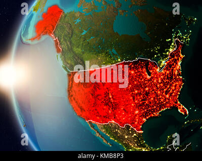 Illustrazione degli Stati Uniti come visto da orbita terrestre durante il tramonto con visibili i confini del paese. 3D'illustrazione. Gli elementi di questa immagine fornita dalla NASA. Foto Stock