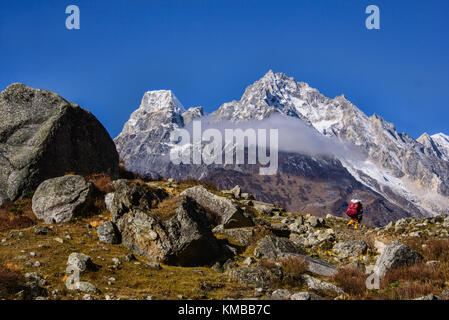 Trekking alla Larkya La Pass sul circuito di Manaslu, Nepal Foto Stock